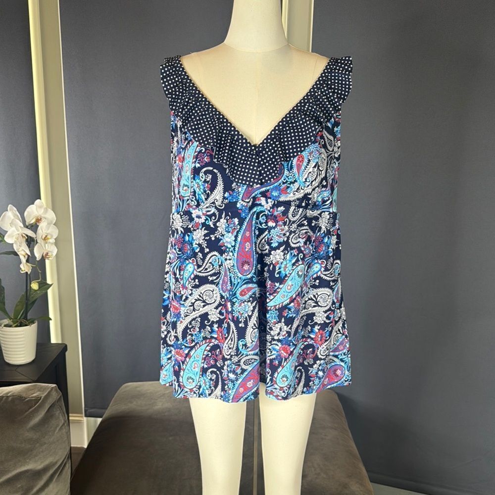 Women’s Kim Rogers Curvy Blue Paisley & Polka Dot One Piece Swimsuit Tankini 16W